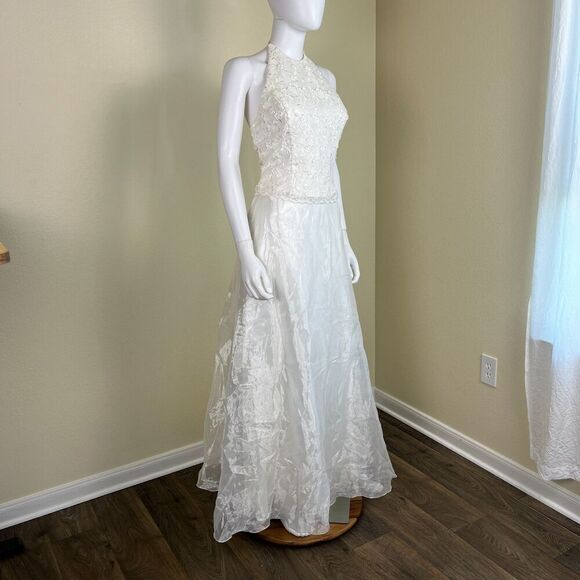 Vintage Jessica Mcclintock Bridal Women's Size 6 Ivory Floral Halter Maxi Dress - Picture 7 of 15